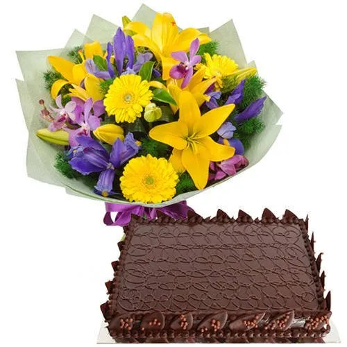 Shop for Chocolate Cake with Assorted Flowers Bouquet