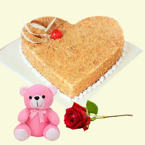 Gift Heart-Shaped Butter Scotch Cake with Single Rose