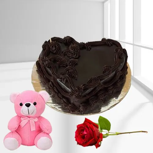 Online Heart-Shaped Chocolate Cake with Teddy N Rose
