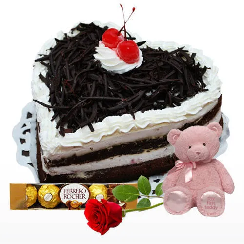 Online Black Forest Cake with Ferrero Rocher, Teddy N Single Rose