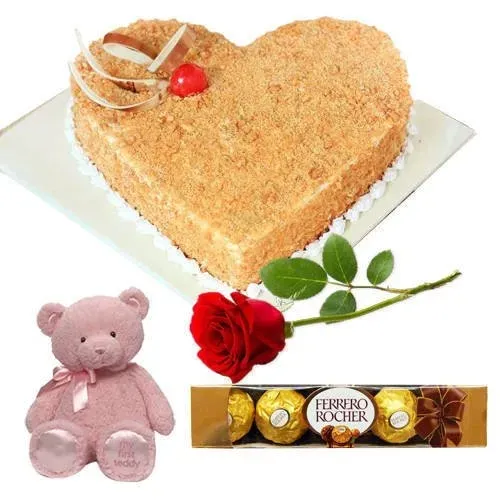 Deliver Butter Scotch Cake with Ferrero Rocher, Teddy N Single Rose