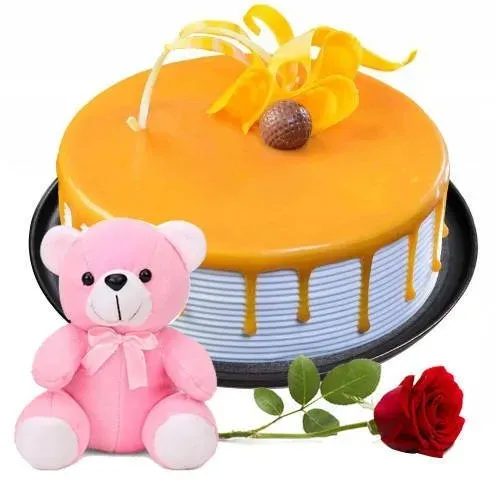 Online Eggless Butter Scotch Cake with Rose N Teddy