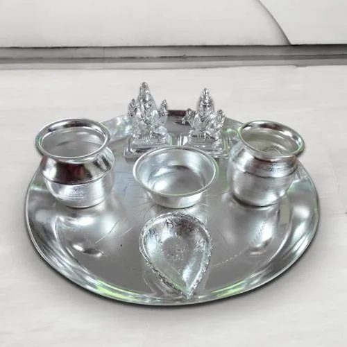 Deliver Silver Plated Puja Thali with Silver Plated Lakshmi Ganesha