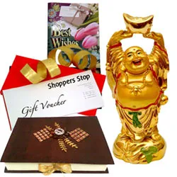 Mind Blowing Hamper of Shoppers Stop Vouchers, Laughing Buddha, Homemade Chocolates  N  a Free Best Wishes Card