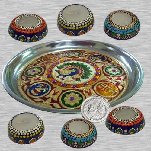 Stylish Diwali Gift of 6 pcs Handmade Diya Set for Decoration in a Meenakari Thali n Free Ganesh Laxmi Coin