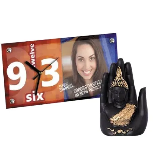 Stunning Personalized Photo Table Clock n Buddha on Palm Statue