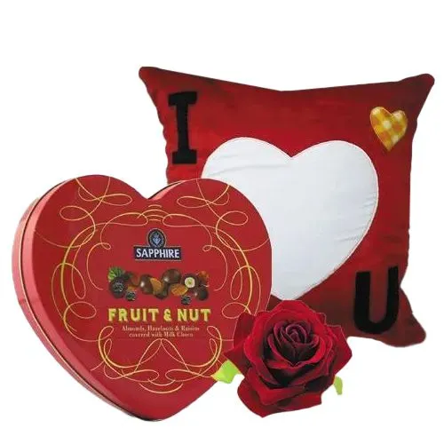 Fantastic Personalized ILU Heart Cushion with Sapphire Heart Chocolate Box n Velvet Rose