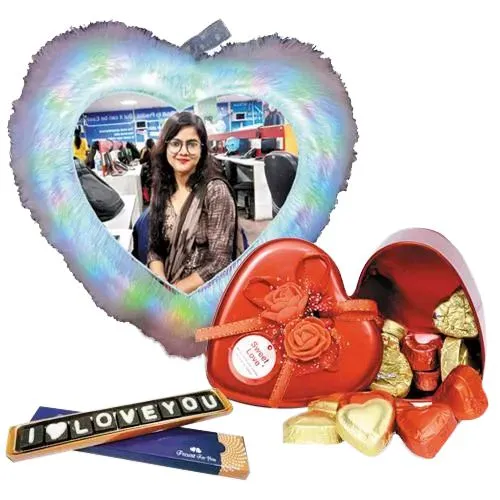 Excellent Personalized LED Heart Fur Cushion n Chocolates Combo