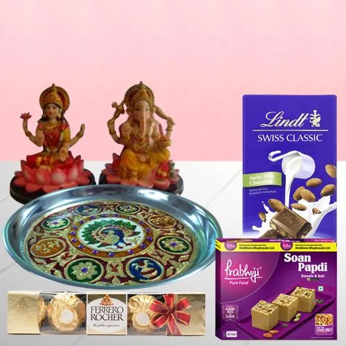 Gorgeous Pooja Thali with Haldiram Soan Papdi, Chocolates N Lord Idol<br>