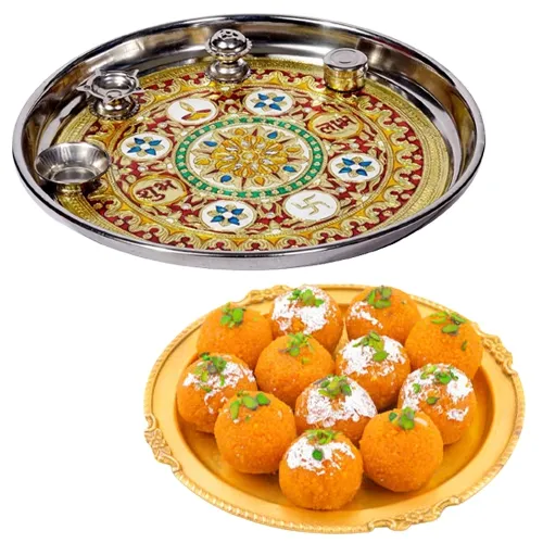 Send Haldirams Laddoo with Subh Labh Stainless Steel Thali