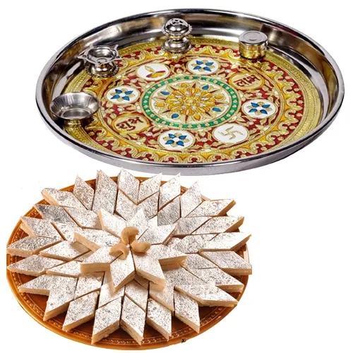 Deliver Subh Labh Stainless Steel Thali with Haldirams Kaju Katli