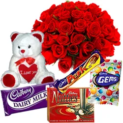Order Teddy with Assorted Cadbury Chocolate N Roses Bouquet