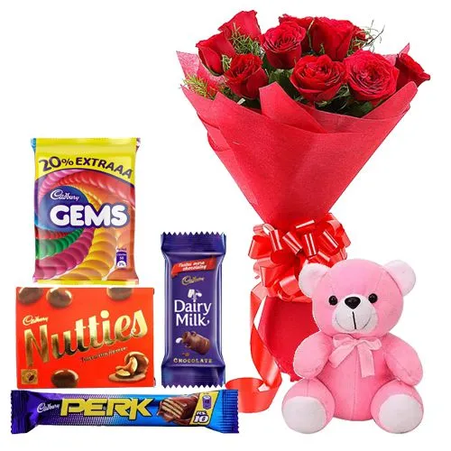 Send Red Roses Bouquet, Teddy N Mixed Cadbury Chocolate Online