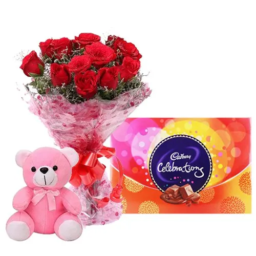 Shop Bouquet of Red Roses with Assorted Chocolates N Teddy