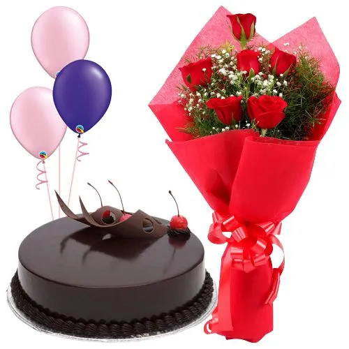 Order Online Truffle Cake with Red Roses Bunch N Balloons