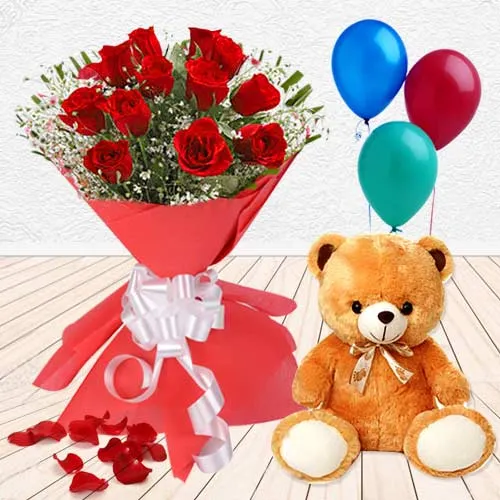 Send Combo of Red Roses Bunch with Teddy N Balloons Online