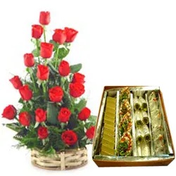 Send Assorted Sweets with Red Roses Basket Arrangement