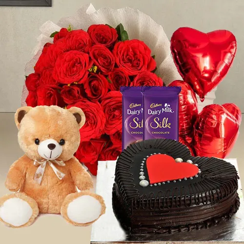 Breathtaking Red Roses, Chocolate Cake, Mylar Balloons, Chocolates and a Teddy