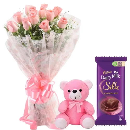 V-Day Combo Gift of Chocolates, Teddy N Pink Roses Bouquet