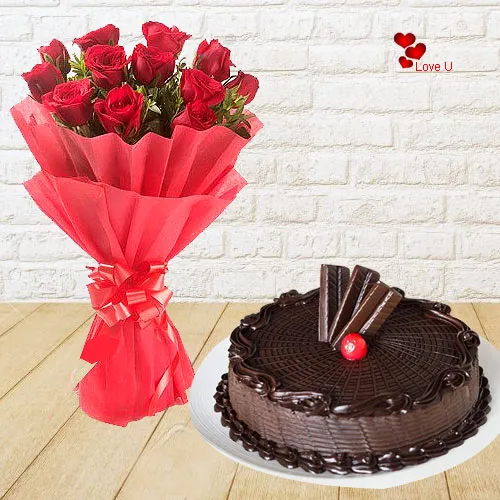 Online Chocolate Cake N Red Roses Bouquet for Rose Day