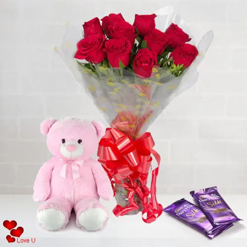 Send Red Roses Bouquet, Teddy N Chocolates for Rose Day