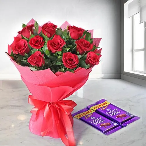 Gift Red Rose Bouquet with Dairy Milk Chocolates Online