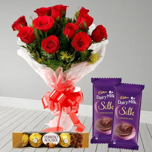Order Red Rose Bouquet with Dairy Milk Silk N Ferrero Rocher