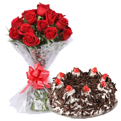 Buy Red Roses Bouquet N Black Forest Cake Online
