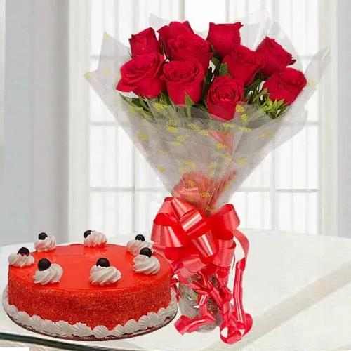 Gift Red Roses Bouquet with Red Velvet Cake