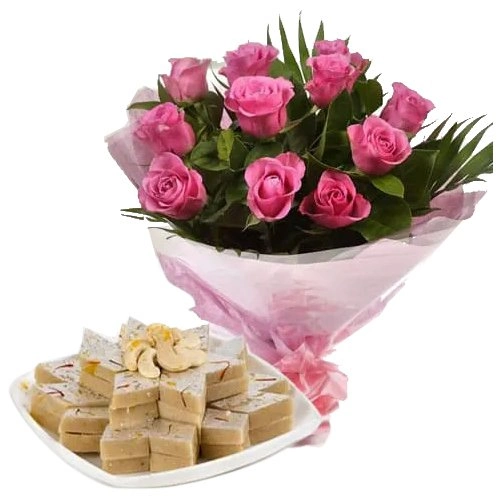 Shop for Pink Roses Bunch and Kaju Katli