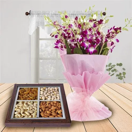 Online Orchids Bouquet and Dry Fruits Tray