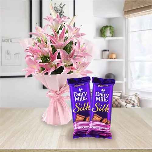 Deliver Oriental Pink Lilies Bouquet and Dairy Milk Silk