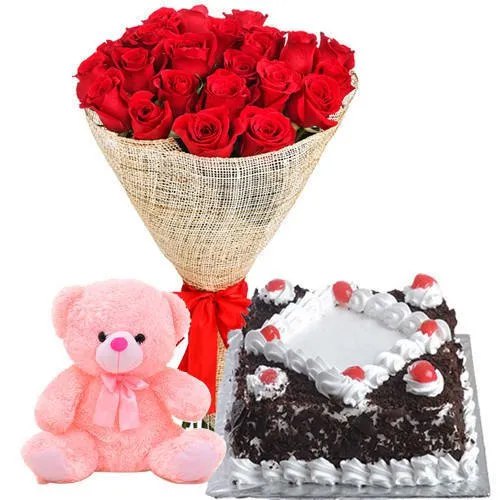 Red Rose Bouquet With Black Forest Cake N Teddy To Hyderabad Free Shipping