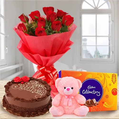 Shop for Rose Bouquet with Chocolate Cake, Teddy N Cadbury Celebrations