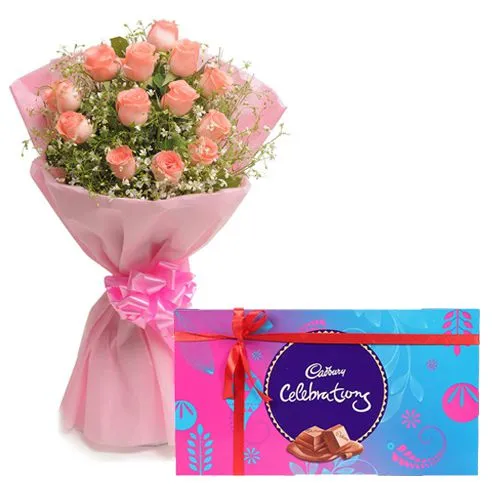 Send Pink Roses Bouquet and Cadbury Celebrations