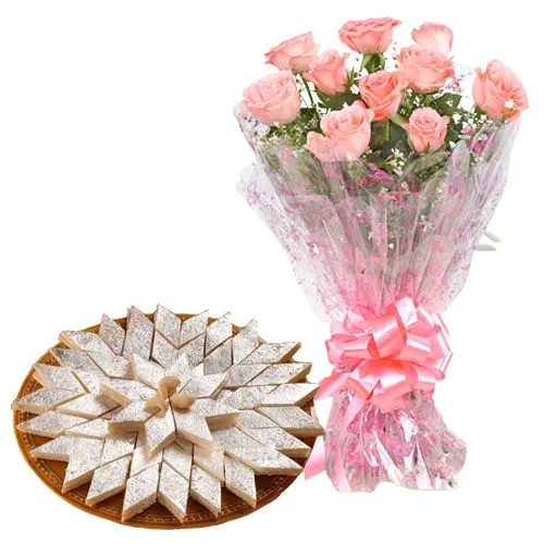 Shop for Pink Roses Bunch and Kaju Katli