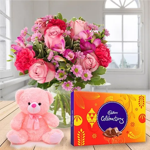 Buy Mixed Flowers with Cadbury Celebration and Teddy