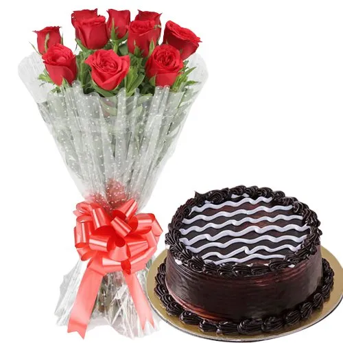 Deliver Red Roses Bouquet with Chocolate Cake
