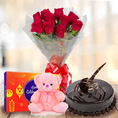 Deliver Red Roses Bouquet with Chocolate Cake, Teddy N Cadbury Celebrations