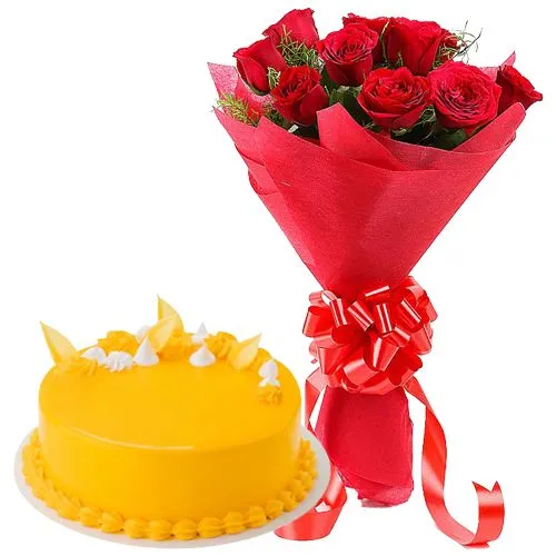 Deliver Combo of Red Roses Bouquet N Mango Flavour Cake