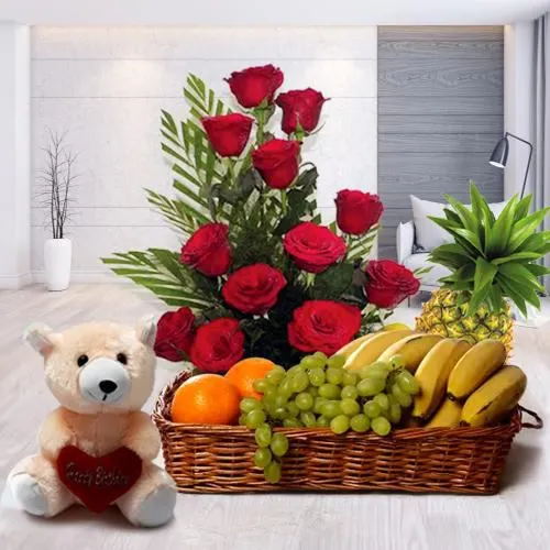 Deliver Mixed Fruits Basket with Roses Arrangement and Teddy