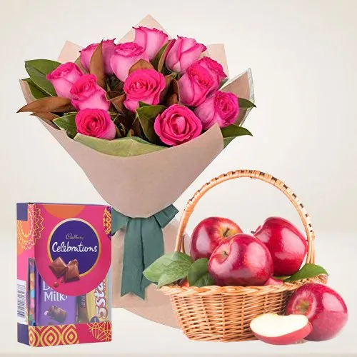 Order Cadbury Celebrations Mini Pack with Pink Roses and Basket of Apples