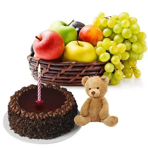 Deliver Gift Hamper of Teddy with Candles, Fresh Fruits and Chocolate Cake