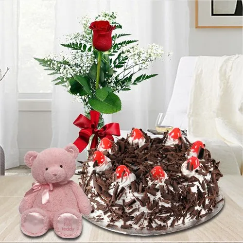 Send Black Forest Cake with Red Rose N Teddy Online