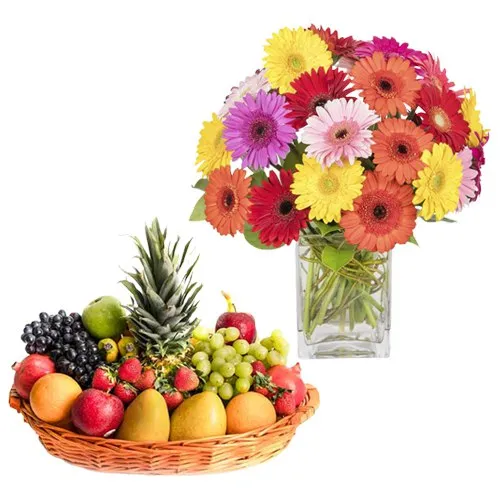 Deliver Combo of Fresh Fruits Basket with Mixed Gerberas in a Vase