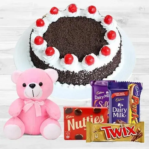 Buy Online Black Forest Cake with Assorted Cadbury Chocolates N Teddy
