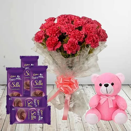 Order Collection of Dairy Milk Silk with Teddy N Carnations Bunch