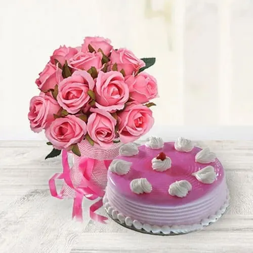 Deliver Strawberry Cake with Pink Roses Bouquet