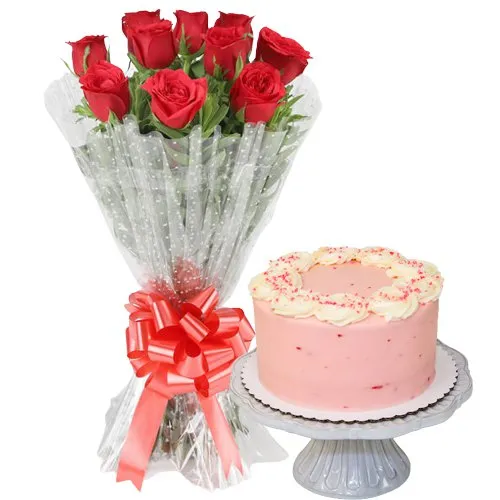 Deliver Strawberry Cake with Rose Bouquet