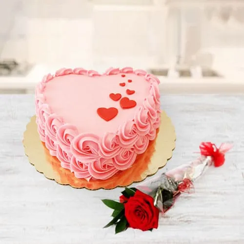 Online Heart Shaped Strawberry Cake with Single Red Rose
